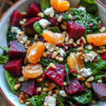 Simple Beet Salad with Spinach, Mandarins, Pine Nuts, and Feta Cheese.