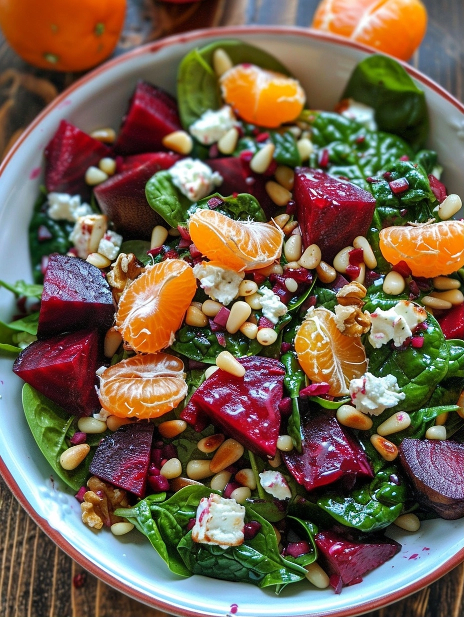 Simple Beet Salad with Spinach, Mandarins, Pine Nuts, and Feta Cheese.